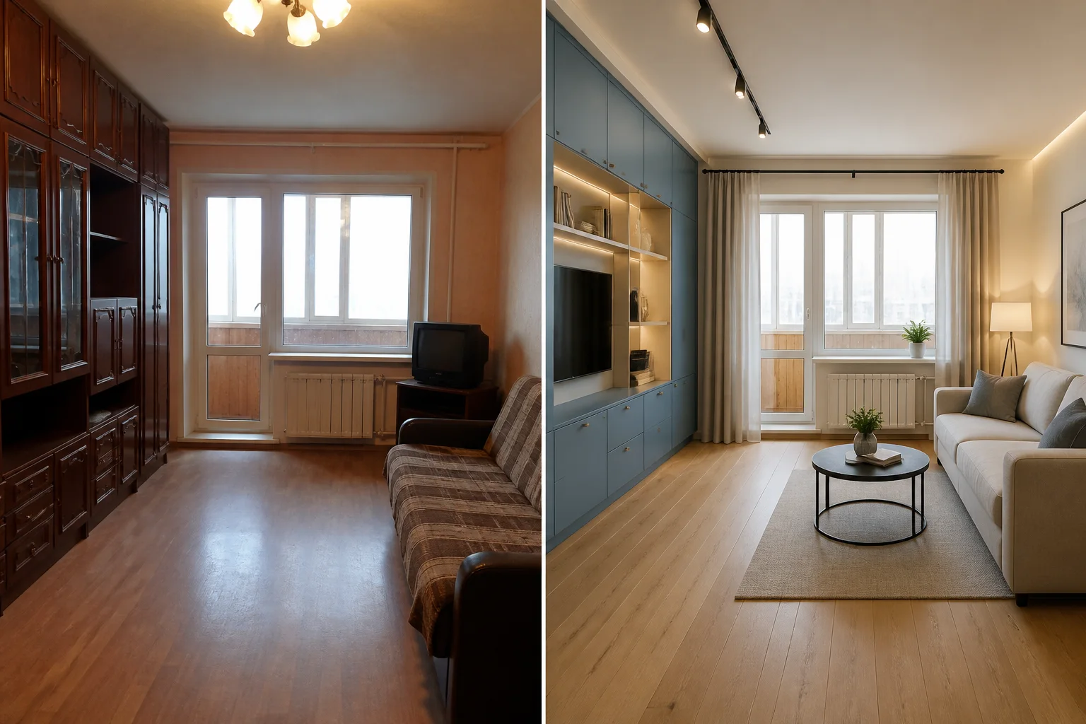 До и после: Гостиная частного дома после внутреннего ремонта